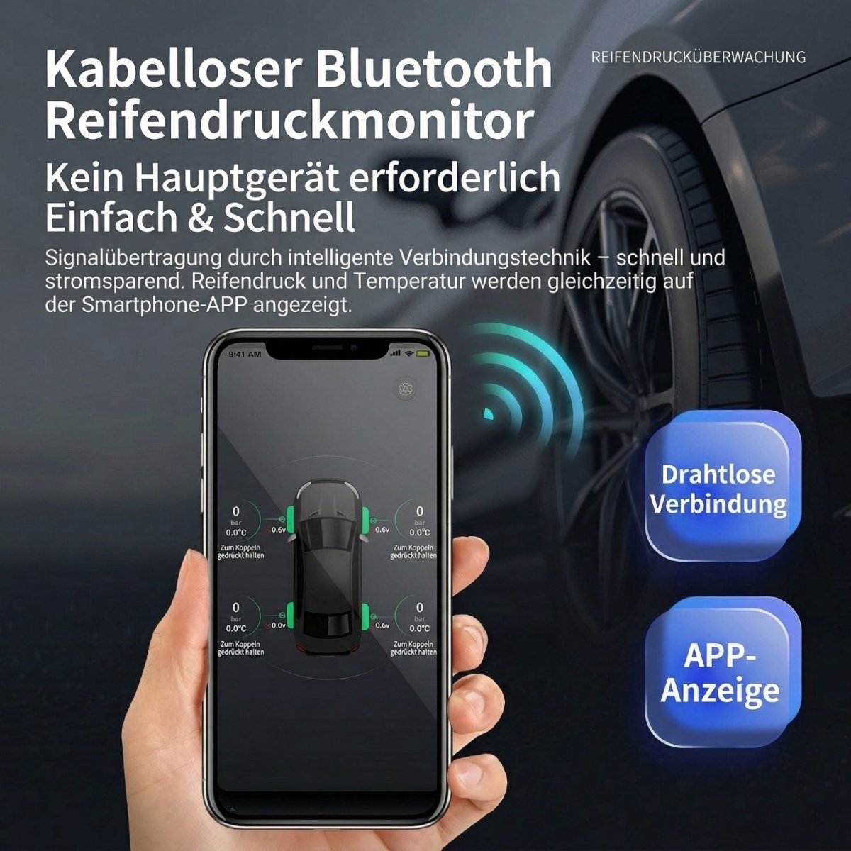 Kabelloser TPMS Reifendruckmonitor mit Bluetooth und App Anzeige, Reifendruck und Temperatur direkt auf dem Smartphone