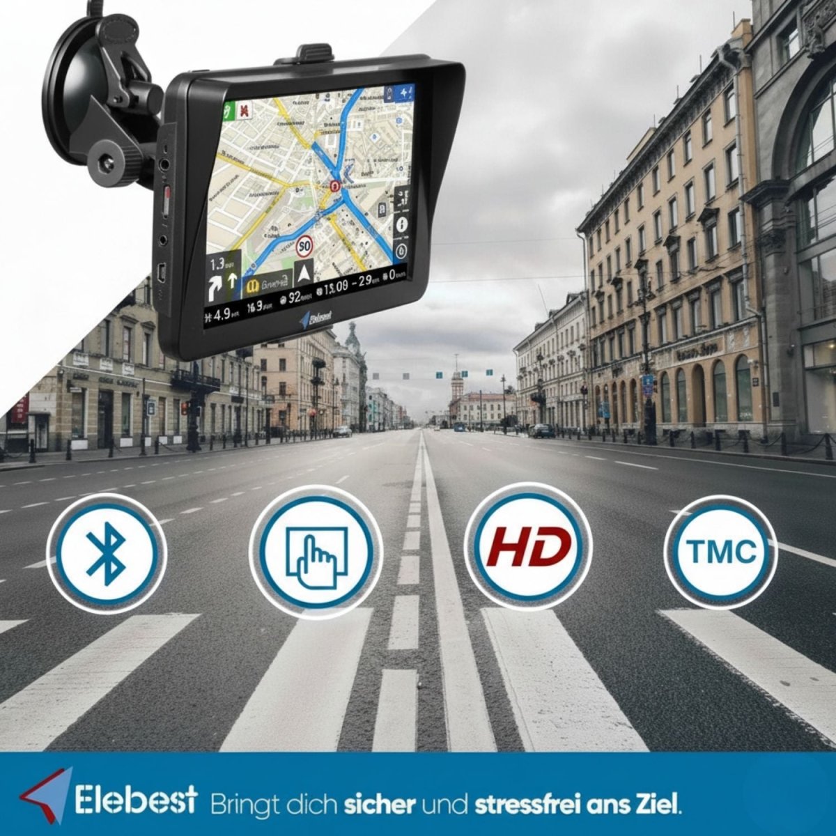 Elebest City 70AT 7 Zoll Navigationsgerät mit Sonnenblende am Armaturenbrett