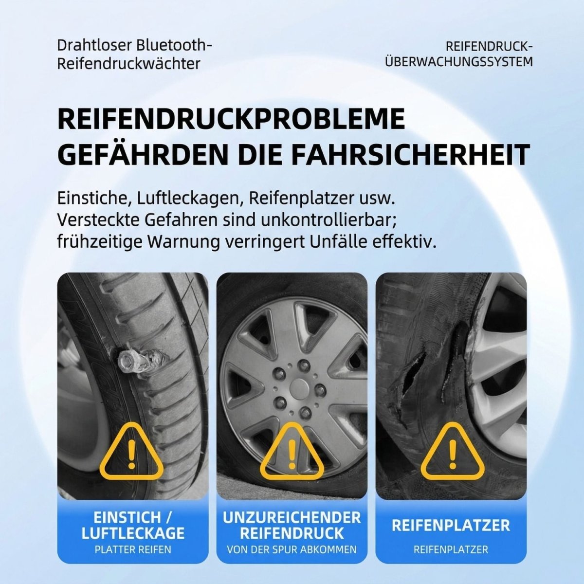 TPMS Reifendruckkontrolle warnt vor Reifendruckproblemen wie Luftverlust, zu geringem Druck und Reifenplatzer