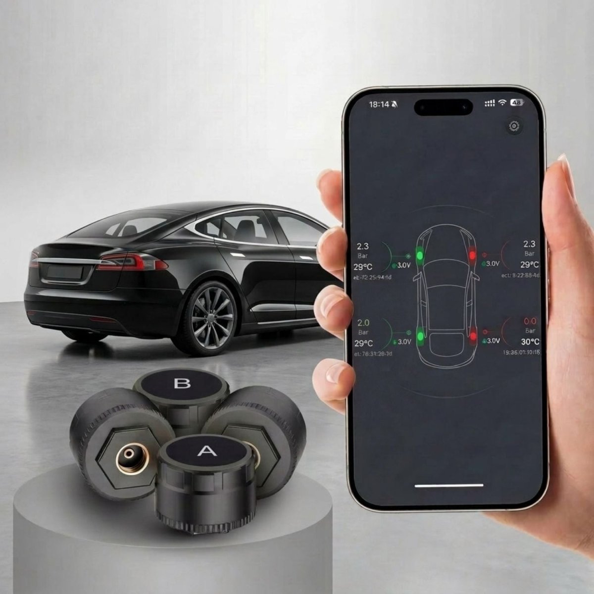 TPMS Reifendrucksensoren mit Bluetooth App Anzeige, Reifendruck und Temperatur am Smartphone überwachen
