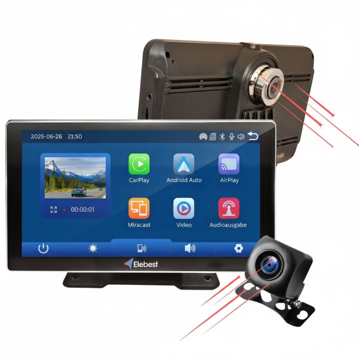 Elebest CarPlay 1070 7 Zoll Auto-Navi mit Dashcam auf dem Armaturenbrett