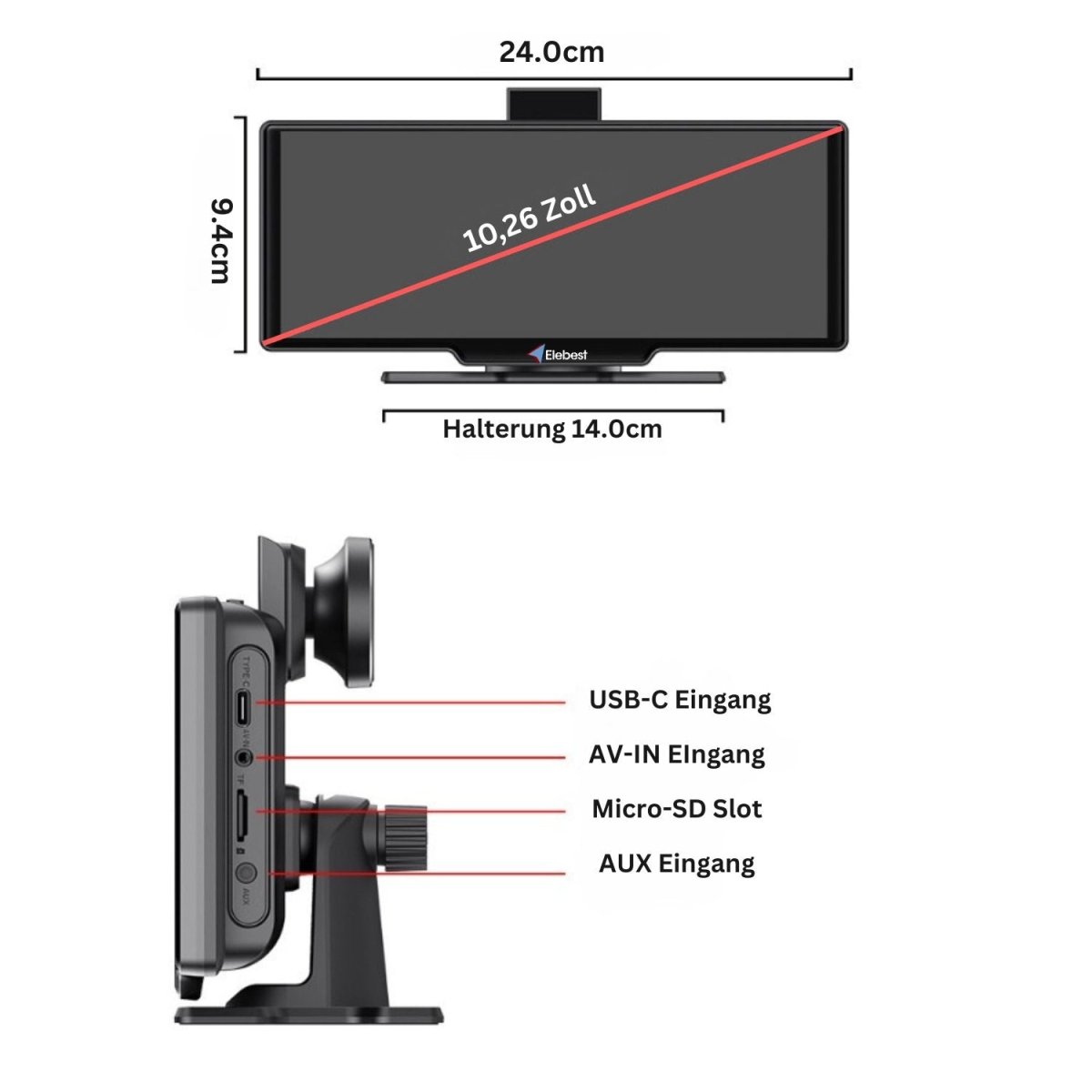Elebest CarPlay 1026 mit DVR-Kamera und Sprachsteuerung