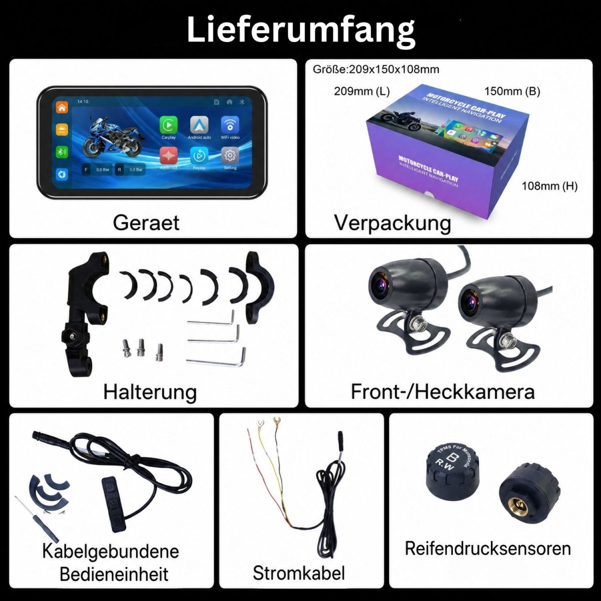 Elebest CX600 Motorrad Navi 4-in-1 mit CarPlay, Dashcam, Rückspiegel und TPMS